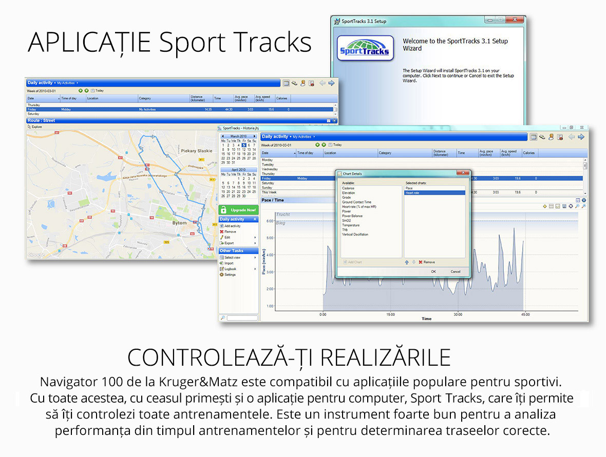 Navigator 100 de la Kruger & Matz este compatibil cu aplicatiile populare pentru sportivi. Cu toate acestea, cu ceasul primesti si o aplicatie pentru computer, SportTraks, care iti permite sa iti controlezi toate antrenamentele. Este un instrument foarte bun pentru a analiza performanta din timpul antrenamentelor si pentru determinarea traseelor corecte.