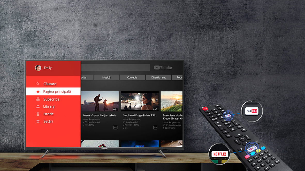 Ai deseori impresia ca televiziunea digitala nu iti ofera tot ceea ce doreai? Televizoarele Kruger&Matz iti ofera mai mult! Datorita modemului Wi-Fi incorporat si portului RJ-45 este usor sa te contectezi la o retea, accesand browser-ul de internet, Youtube si Netflix. Posibilitatile sunt nelimitate!      