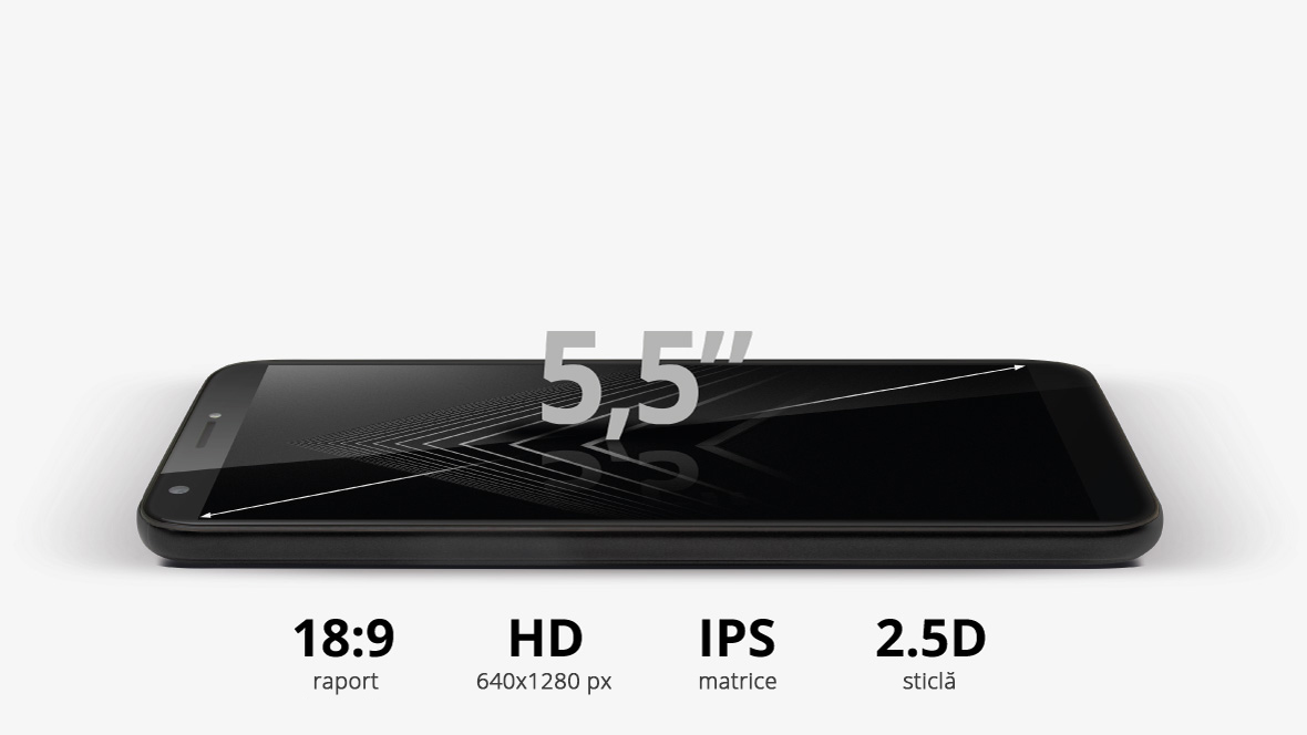Kruger & Matz MOVE 8 este dotat cu ecran de 5.5 inch HD cu sticla rotunjita 2.5 D. Noutatea cu care vine acest model este raportul de 18:9 al imaginii. Asta inseamna ca display-ul va putea arata mai mult continut pe verticala, ceea ce imbunatateste confortul vizionarii pe internet.