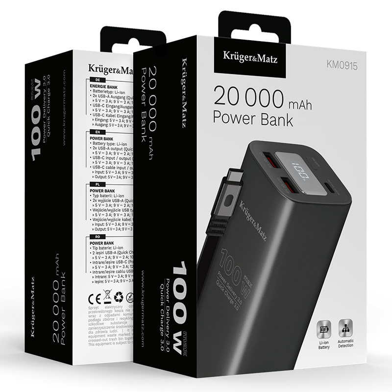 POWER BANK 20000 MAH LI-ION 100W QC PD KRUGER&MATZ POWER BANK 20000 MAH LI-ION 100W QC PD KRUGER&MATZ