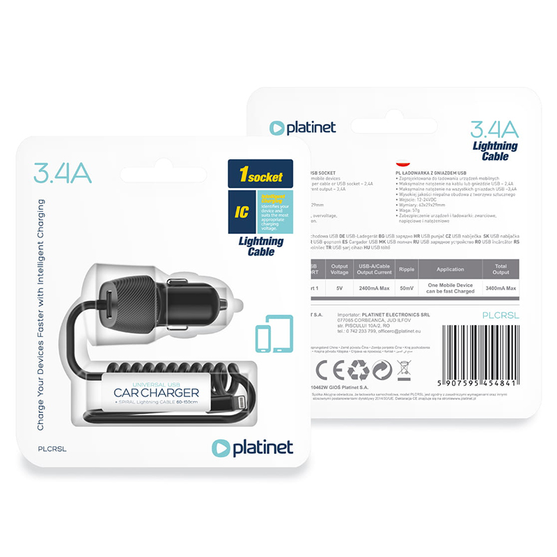 INCARCATOR AUTO CABLU SPIRALAT 3.4A LIGHTNING INCARCATOR AUTO CABLU SPIRALAT 3.4A LIGHTNING